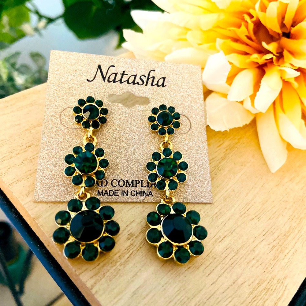 Gorgeous Sexy Emerald Green Crystal Flower Dangly Earings